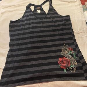 Harley-Davidson Black and Gray Striped Tank with Red Rose